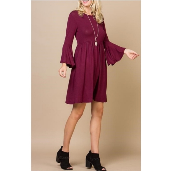 ! NWT Solid Wine Lightweight Ruffled Bell Sleeve Pockets A-Line Mini Dress ! - Picture 2 of 3